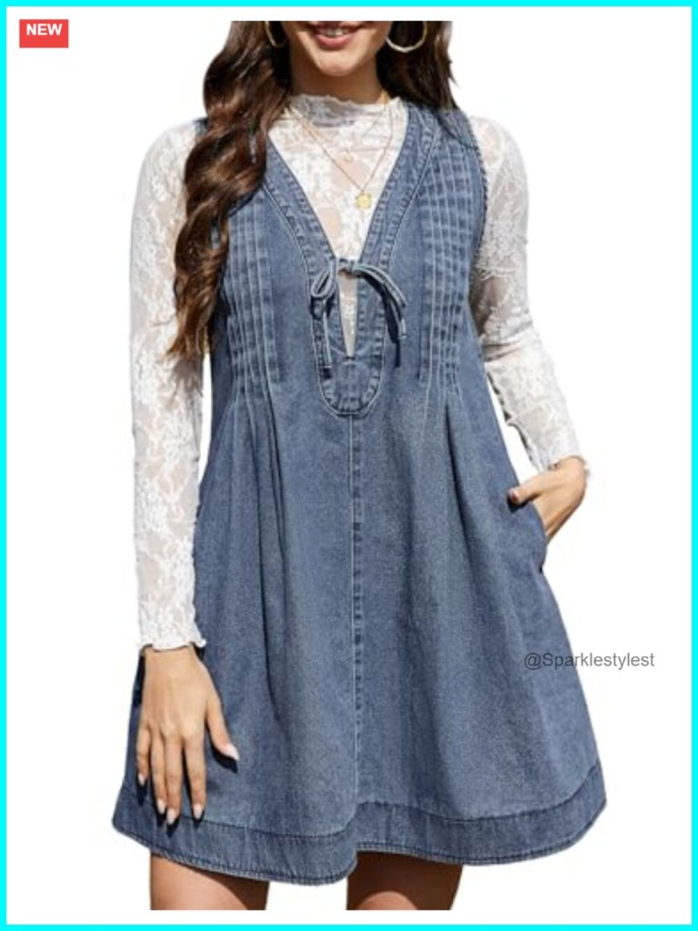 Denim Mini Dress V Neck Sleeveless Pleated Flowy Overall Tie Front